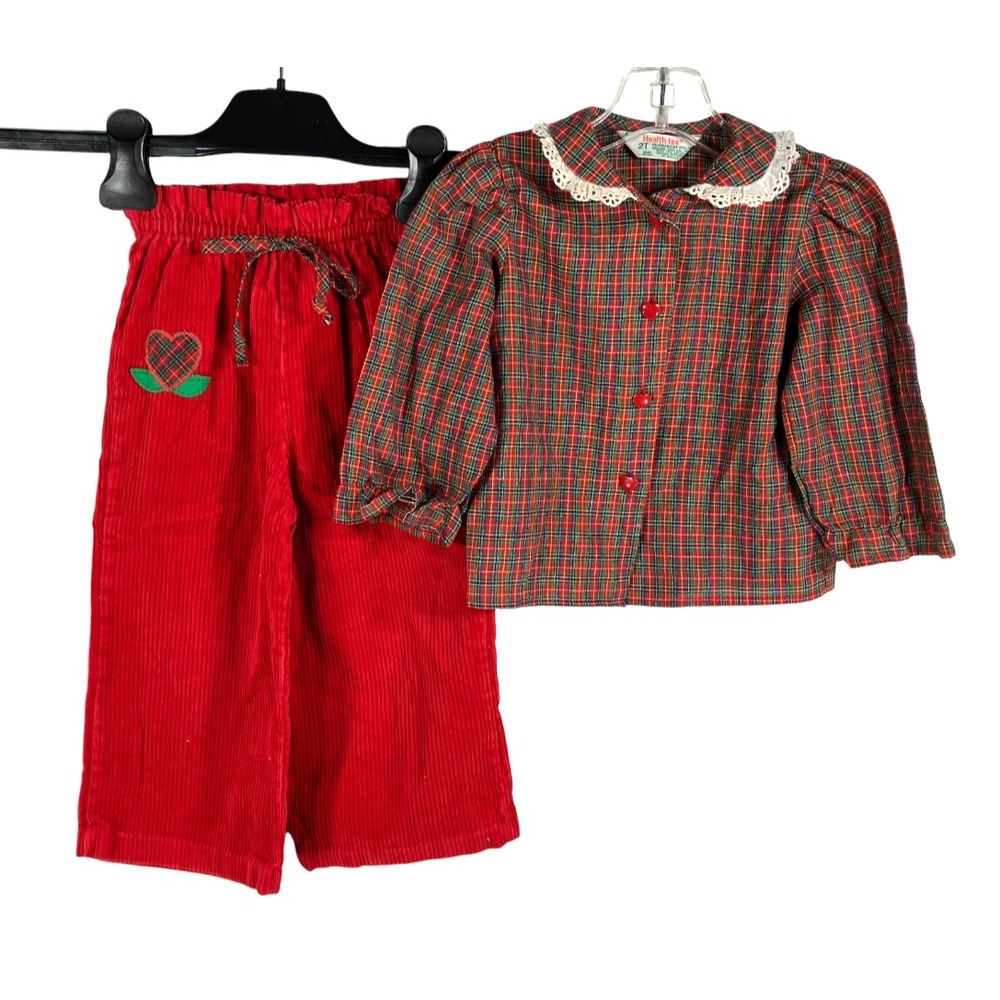 VTG Health-Tex Outfit Set RED CORDUROY PANTS Plaid Shirt w/Lace Collar Hearts 2T